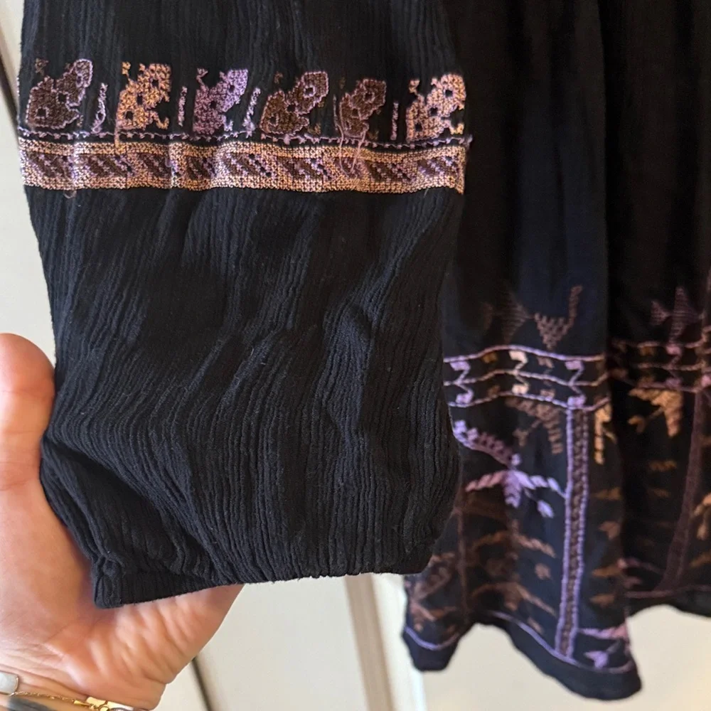 EUC Free People Rhiannon Embroidered Black Purple Bohemian Babydoll Mini Dress M - Picture 12 of 12
